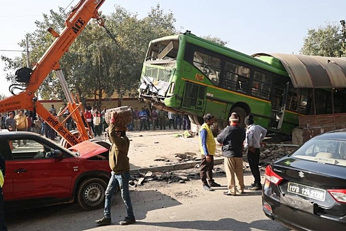 DTC Bus Swerves To Avoid 2-Wheeler, Crashes Into Car, Lands Up In Subway