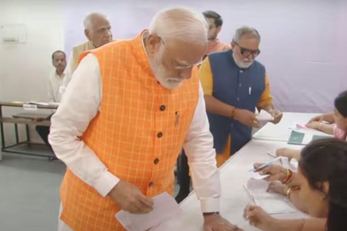PM Modi Votes In Ahmedabad, Huge Crowd Gathers Outside Voting Booth